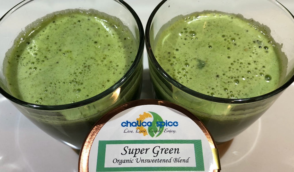 Super Healthy Green Juice made using Chalice Spice's Supergreeen Superfood Blend